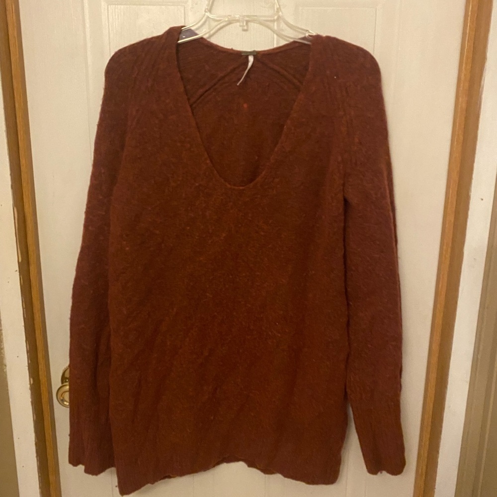 Free People Burnt Orange V-Neck Fuzzy Oversized Sweater L